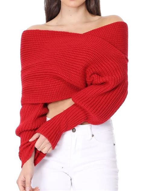 Yemak Sexy Off The Shoulder Long Sleeve Wrap Sweater Shawl With Sleeve