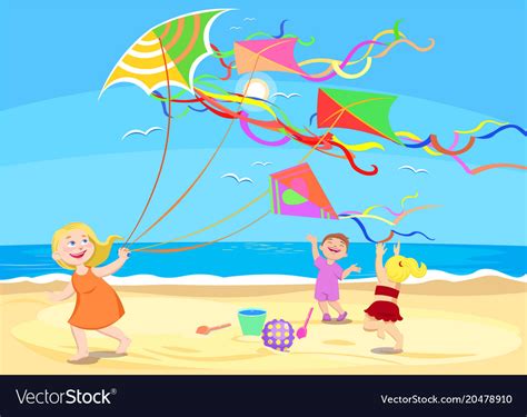 Cartoon Children Playing With Kites On Beach Vector Image