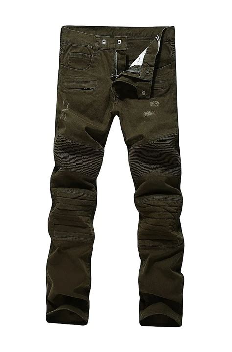 army green denim mens pleated jeans pants straight slim fashion brand casual jeans designer