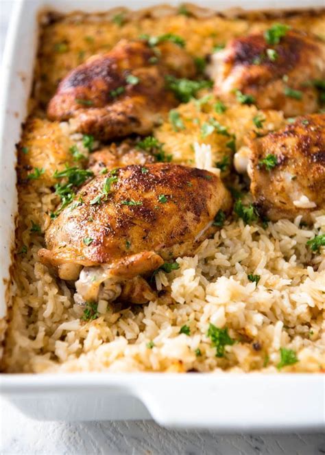 Bake for 30 minutes per recipe, then remove pan, take foil off, top with chicken then return to oven (no foil) for a further 20. Oven Baked Chicken and Rice | Recipe | Chicken recipes ...