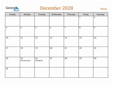 December 2028 Monthly Calendar With Belize Holidays