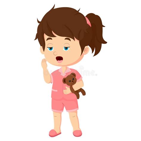 Cute Girl Wearing Pajamas With Teddy Bear Yawning Stock Vector
