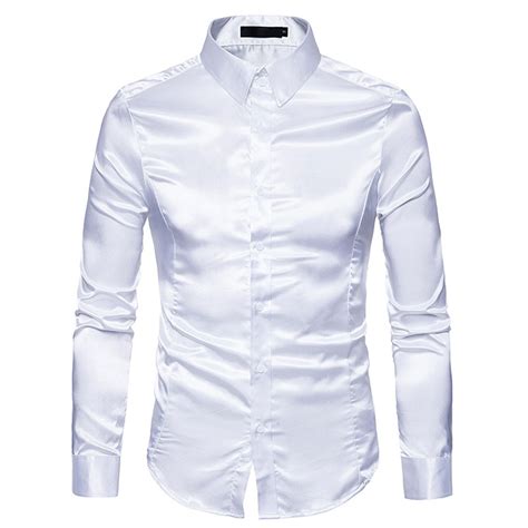 Mens White Silk Shirt 2018 Fashion Silk Satin Men Social Shirt Casual