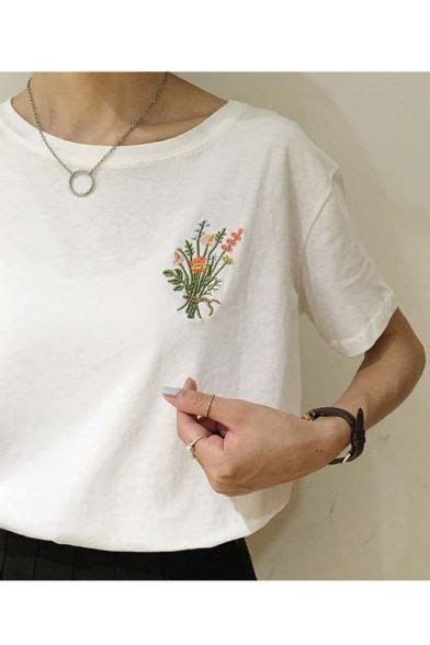Fashion Embroidered Floral Round Neck Short Sleeve T Shirt Embroidered