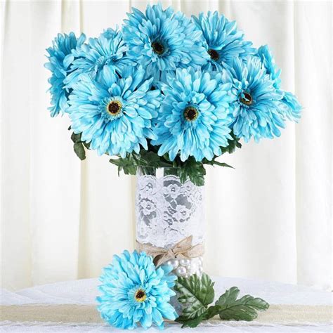 4 Bush 28 Pcs Turquoise Gerbera Daisy Artificial Flowers Wedding Vase