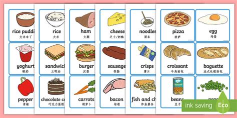 Food Word And Picture Cards Englishmandarin Chinese Food Word And