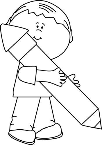Black and White Boy Holding a Big Pencil Clip Art - Black ...