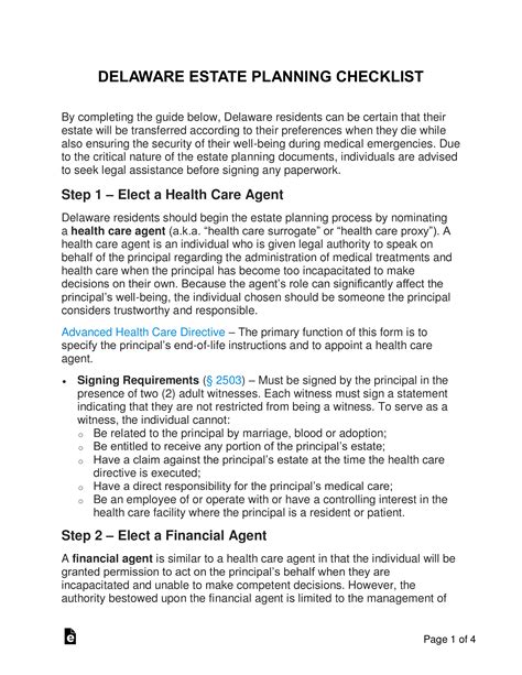 Free Delaware Estate Planning Checklist Pdf Word Eforms