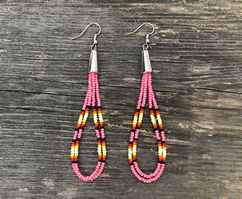 Native American Beaded Earrings Cone Loop Tassel Long Pink Etsy Beaded Earrings Native