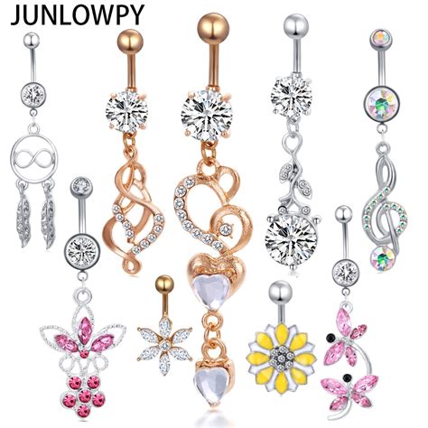 Junlowpy 14g Belly Rings Woman Dangle Piercing Summer Fashion Jewelry Navel Belly Bar Crystal