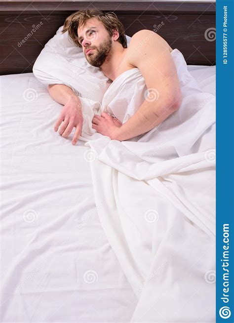 Have Nap Relax Man Sleepy Drowsy Unshaven Bearded Face Covered Blanket Having Nap Guy Lay