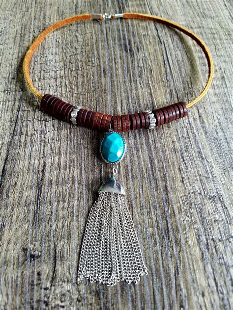 Brown Leather Choker Boho Turquoise Necklace Turquoise Etsy