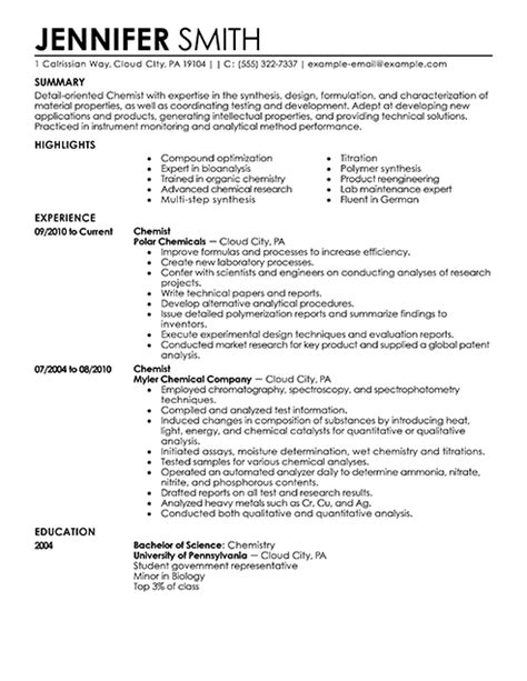 Career objective statements are one of the most overlooked pieces of otherwise stellar resumes. Best Chemist Resume Example | LiveCareer