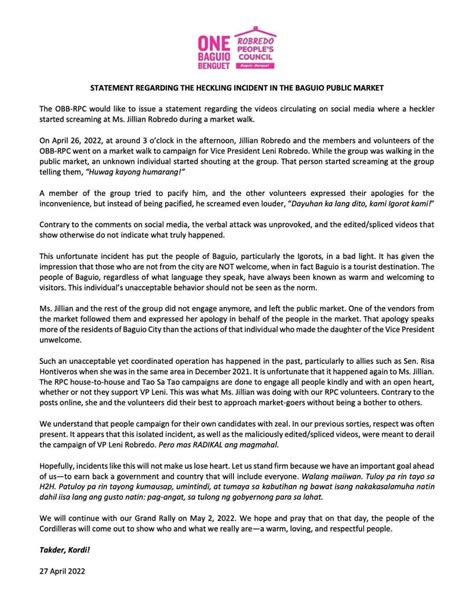 One Baguio Benguet Robredo Peoples Councils Statement On What Truly Happened In Baguio