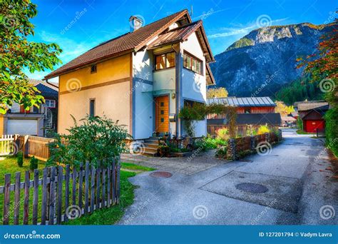 Scenic View Of Famous Hallstatt Viilage Typical Austrian Alpine Stock