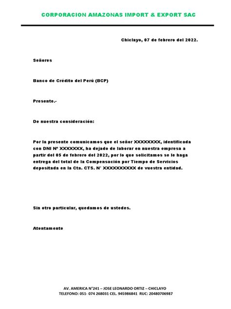 Carta Para Liberacion De Cts Perú Pdf