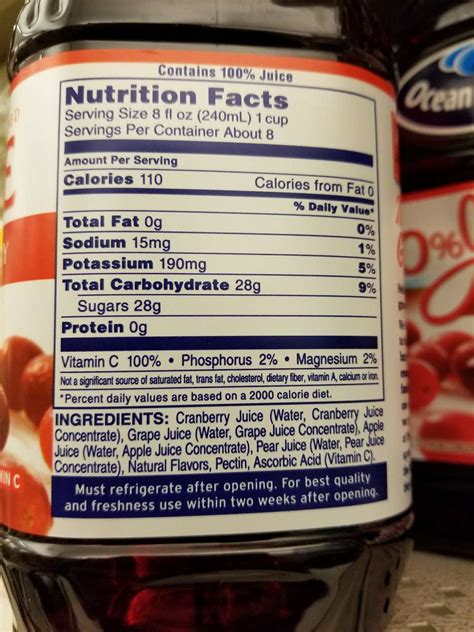 Ocean Spray 100 Cranberry Juice Nutrition Facts My Bios
