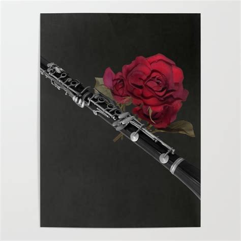 Black White Clarinet Red Rose Musical Instrument Wall Art A506 Poster