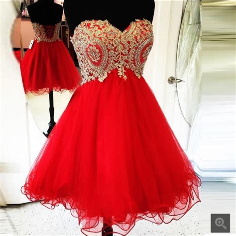 New Arrival Red Tulle A Line Short Prom Dress Strapless Lace Appliques