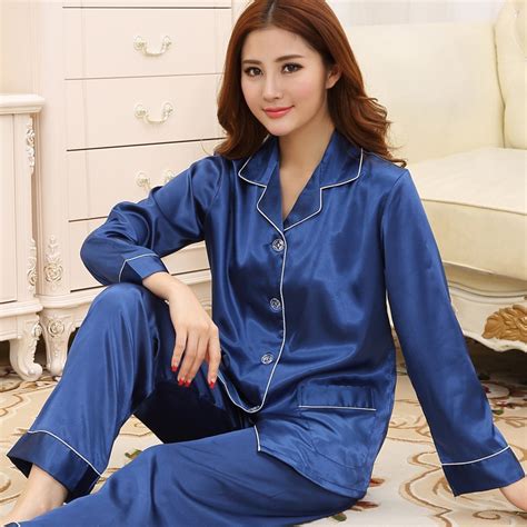 Spring New Womens Silk Pajamas Sexy Blue Long Sleeve Women Pyjamas