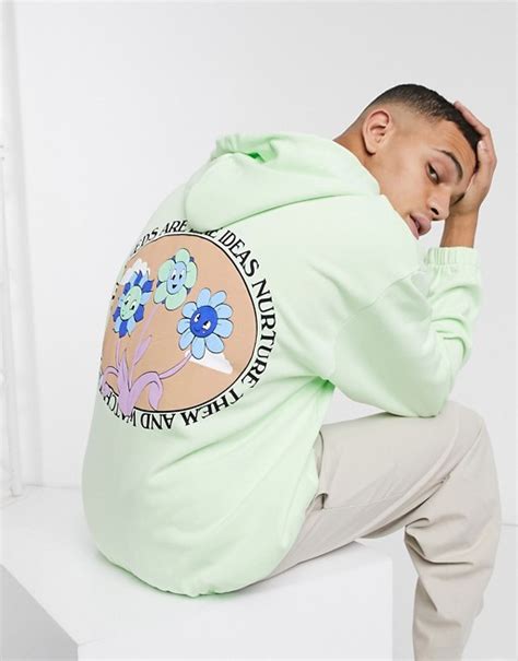 Asos Design Oversized Hoodie With Back Flower Print In Mint Green Asos