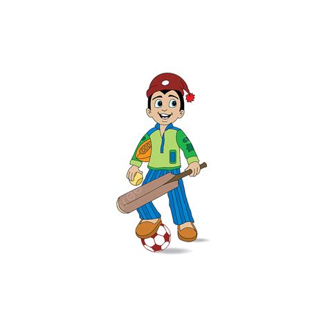 Illustration Of A Boy Holding A Cricket Bat And Soccer Ball In Feet
