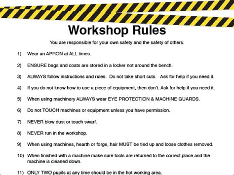 Safety goggles should be worn when performing machining operations to protect the eyes from flying particles. Workshop Safety Rules Poster - HSE Images & Videos Gallery