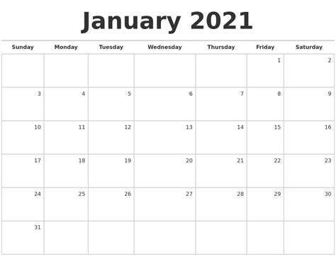 January 2021 Blank Monthly Calendar