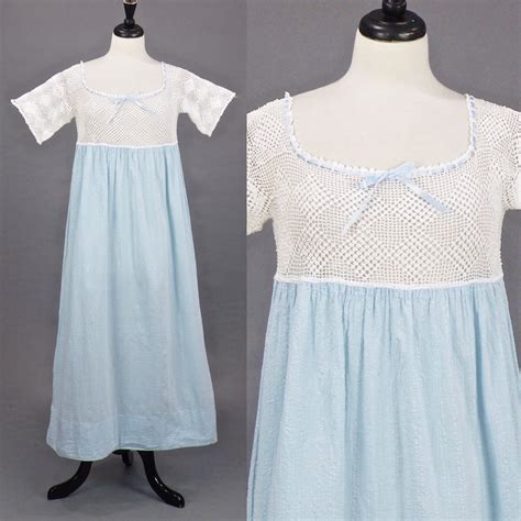 Edwardian Nightgown Antique 1910s Blue Cotton Crochet Nightgown With
