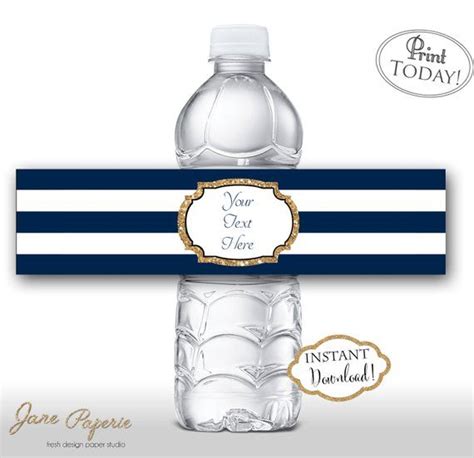 Instant Download Navy Stripe Gold Glitter Water Bottle Labels