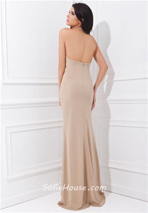 Sheath Halter Plunging Neckline Long Champagne Chiffon Ruched Special Occasion Evening Dress