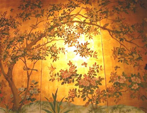 Four Panels Chinese Hand Painted Wallpaper In Gold Leaf At 1stdibs
