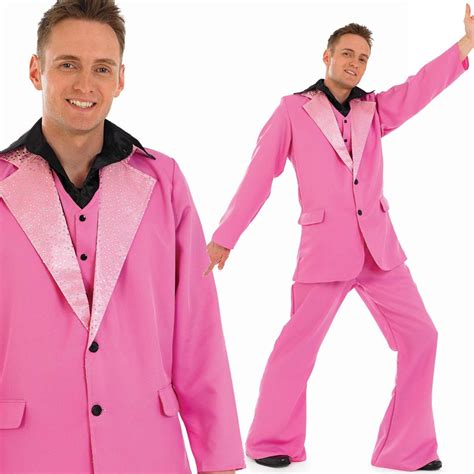 Mens Disco Suit 70s Fancy Dress Costume 1970s Pink Flares And Jacket