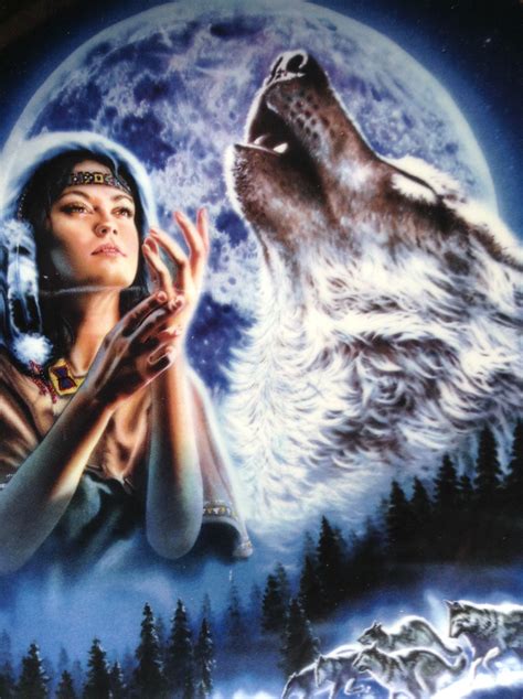 A Woman Standing In Front Of A Wolf With Her Hands Up To Her Chest And The Moon Behind Her