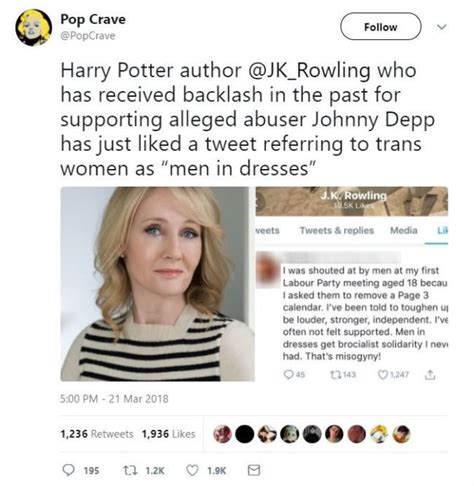 Jk Rowling Reps Blame Middle Aged Moment For Liking Tweet Calling Trans Women Men In Dresses