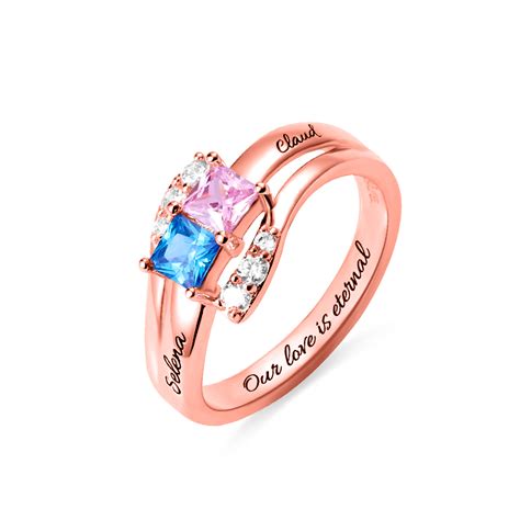Custom Engraved Two Birthstones Ring In Rose Gold Getnamenecklace