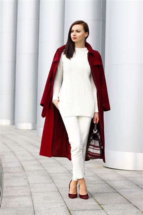 Women's Burgundy Coat, White Cable Sweater, White Skinny Pants, Burgundy Suede Pumps | Burgundy ...