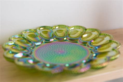 Vintage Deviled Egg Plate Indiana Glass Iridescent Green Hobnail Glass Serving Plate With