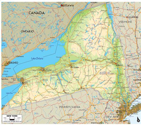 New york is the 30th largest state in the united states, and its land area is 47,214 square miles (122,284 square kilometers). Physical Map of New York State - Ezilon Maps