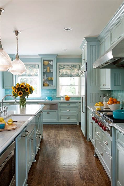 The light blue kitchen cabinet serves a playful, calm, and chic vibe for the kitchen. Blue Kitchen Cabinets 2017