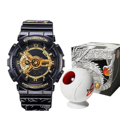 Black resin band analog and digital watch with gold face. CASIO G-Shock GA-110GB-1APRDB Dragon Ball Super x