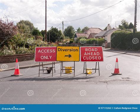 Road Works Road Blocked Signs And Traffic Cones Diversion Access Stock