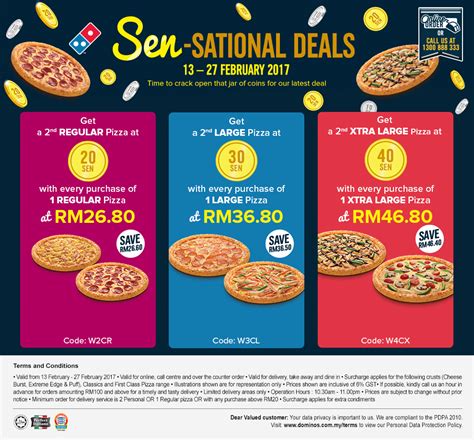 Domino's pizza malaysia delivers tasty and healthy pizzas in very cheap prices. Domino's Pizza Second Regular Pizza 20 Sen, Large 30 Sen ...