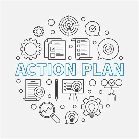 Action Plan Vector Round Illustration In Thin Line Style Stock Vector