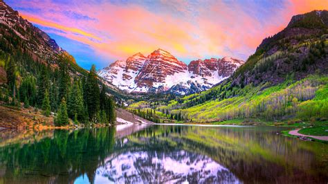 Sunset At Maroon Bells And Maroon Lake Aspen Co Photograph By James O