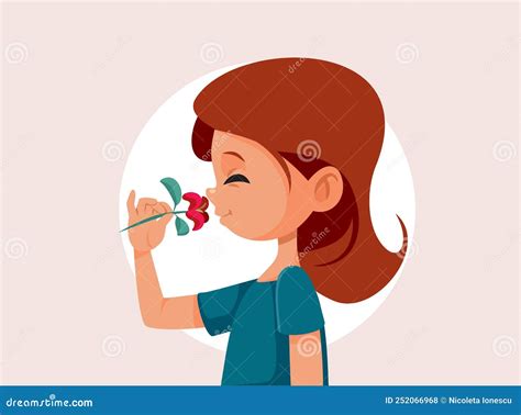 Cute Little Girl Smelling A Flower Vector Cartoon Illustration Stock