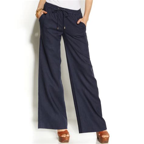 Michael Kors Michael Wideleg Linen Drawstring Pants In Blue Washed