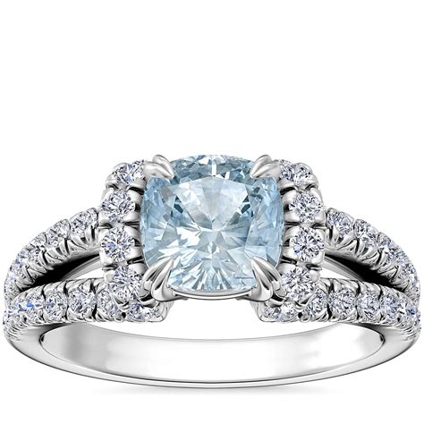 Split Semi Halo Diamond Engagement Ring With Cushion Aquamarine In 14k