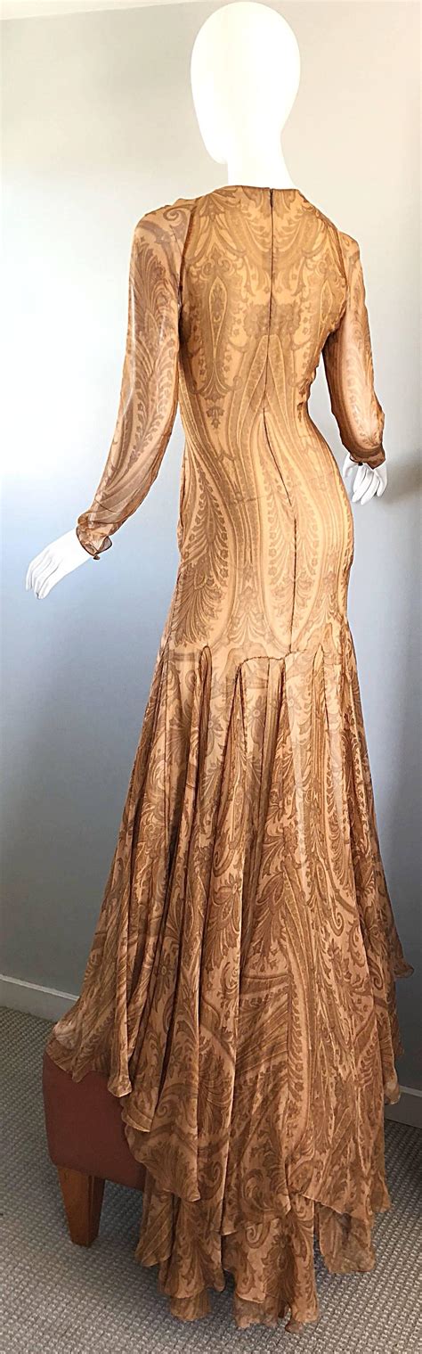 Sensational 1990s Bill Blass Couture Nude Silk Chiffon Paisley Vintage 90s Gown For Sale At