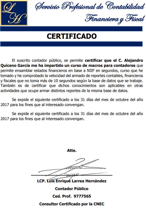 Certificacion Del Cp Luis Larrea De Mexico Macros Para Contadores